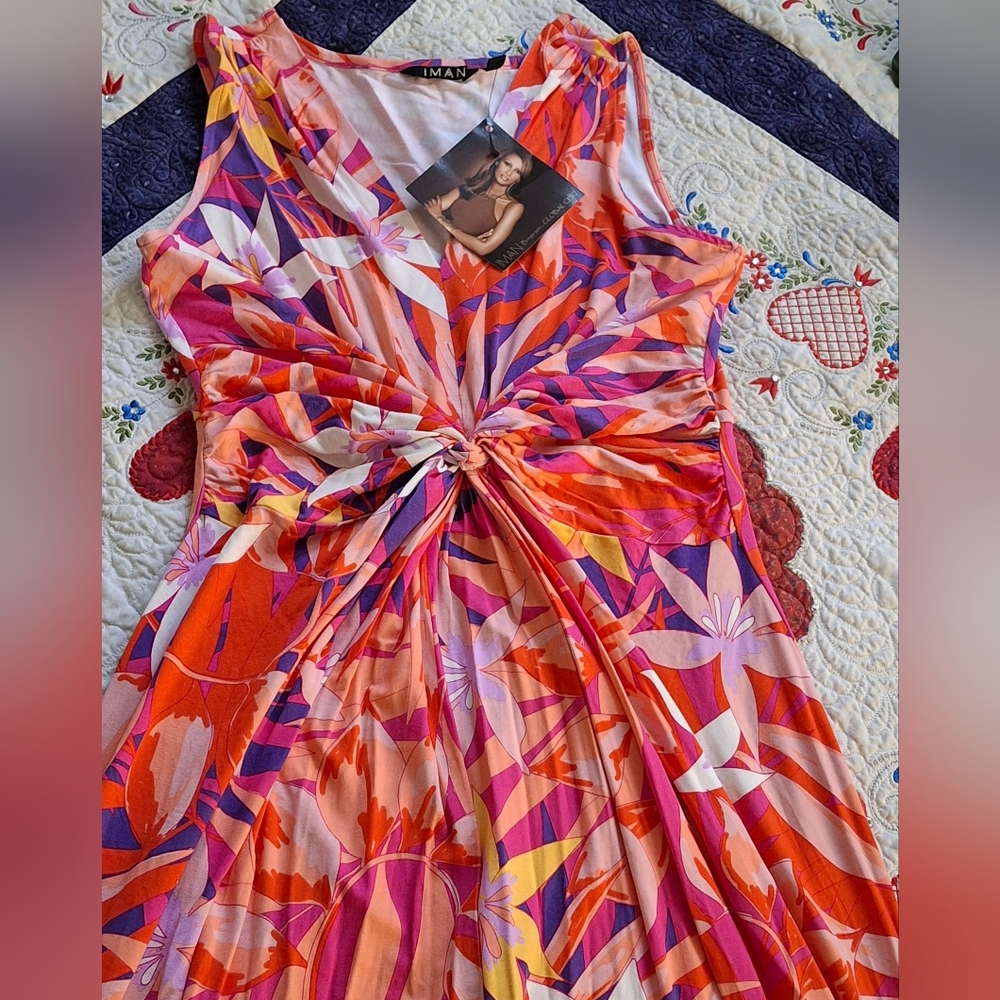 IMAN Global Chic Floral Women's Med Maxi Dress Twist Front Flowy Rayon NWT - Picture 3 of 12